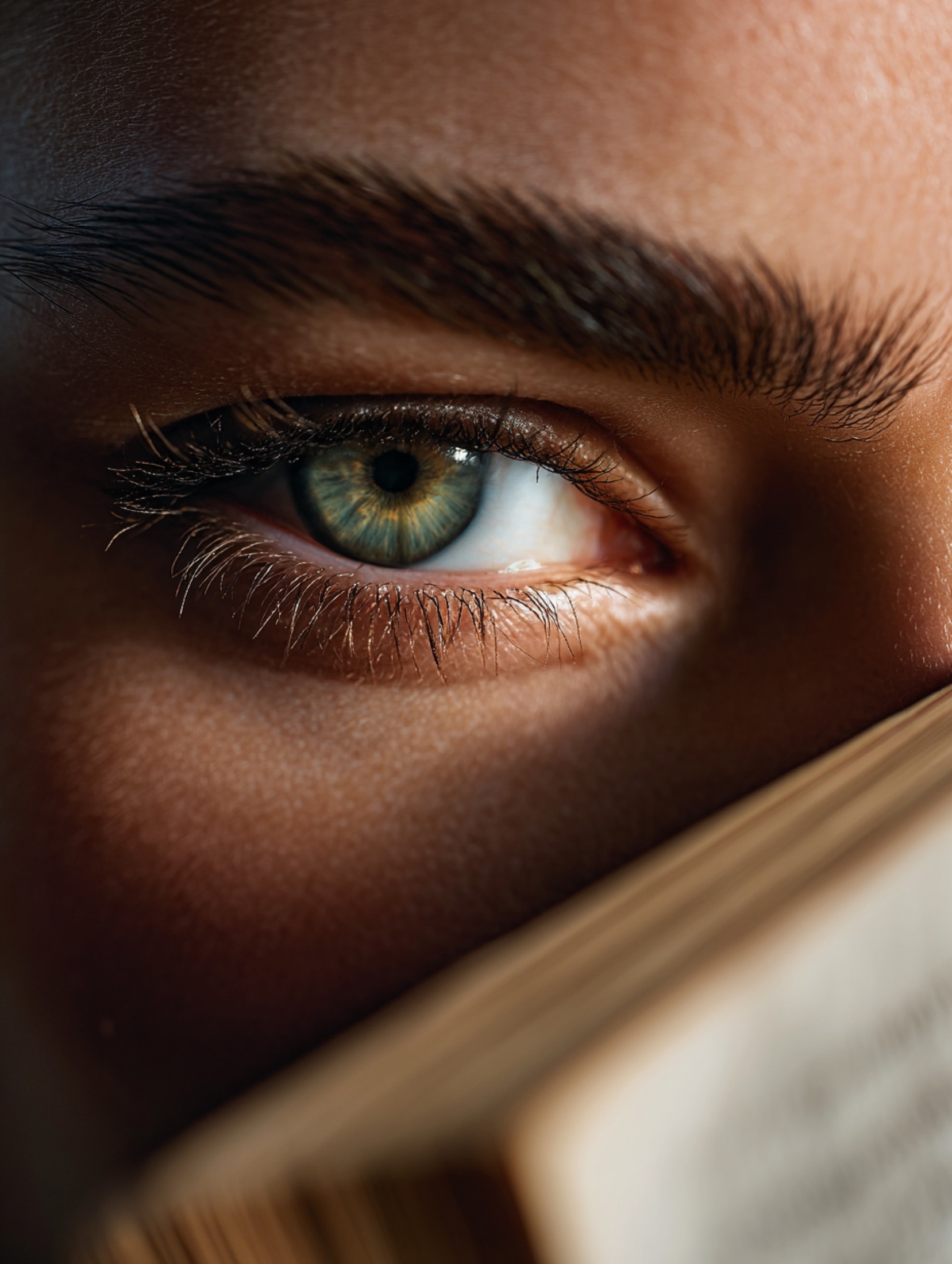 Close-up portrait — striking brows over a book