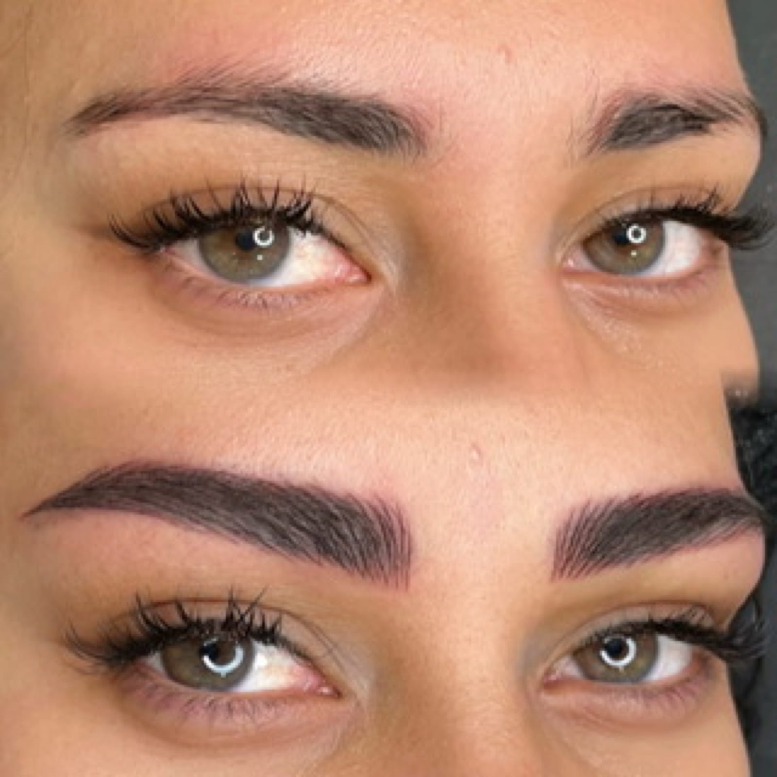 Before and after eyebrow transformation for a mature client at BonBrow — sparse brows to fully defined shape