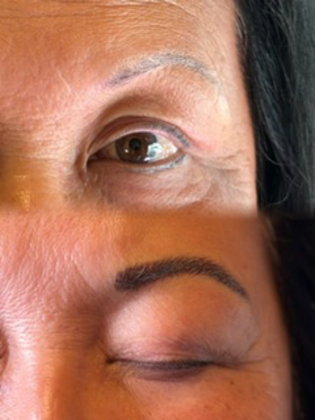 Microblading on mature skin before and after at BonBrow Aliso Viejo — grey sparse brows rebuilt with crisp hair strokes