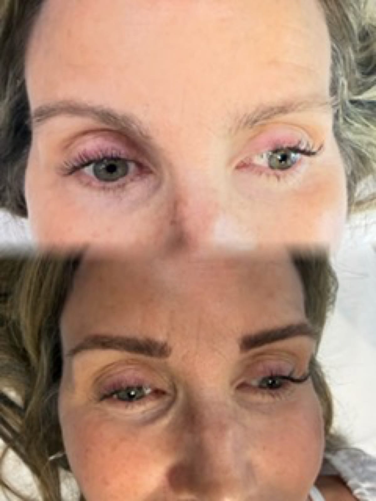 Ombre powder brows before and after on blonde client at BonBrow Orange County — pale sparse brows to rich shaped arches
