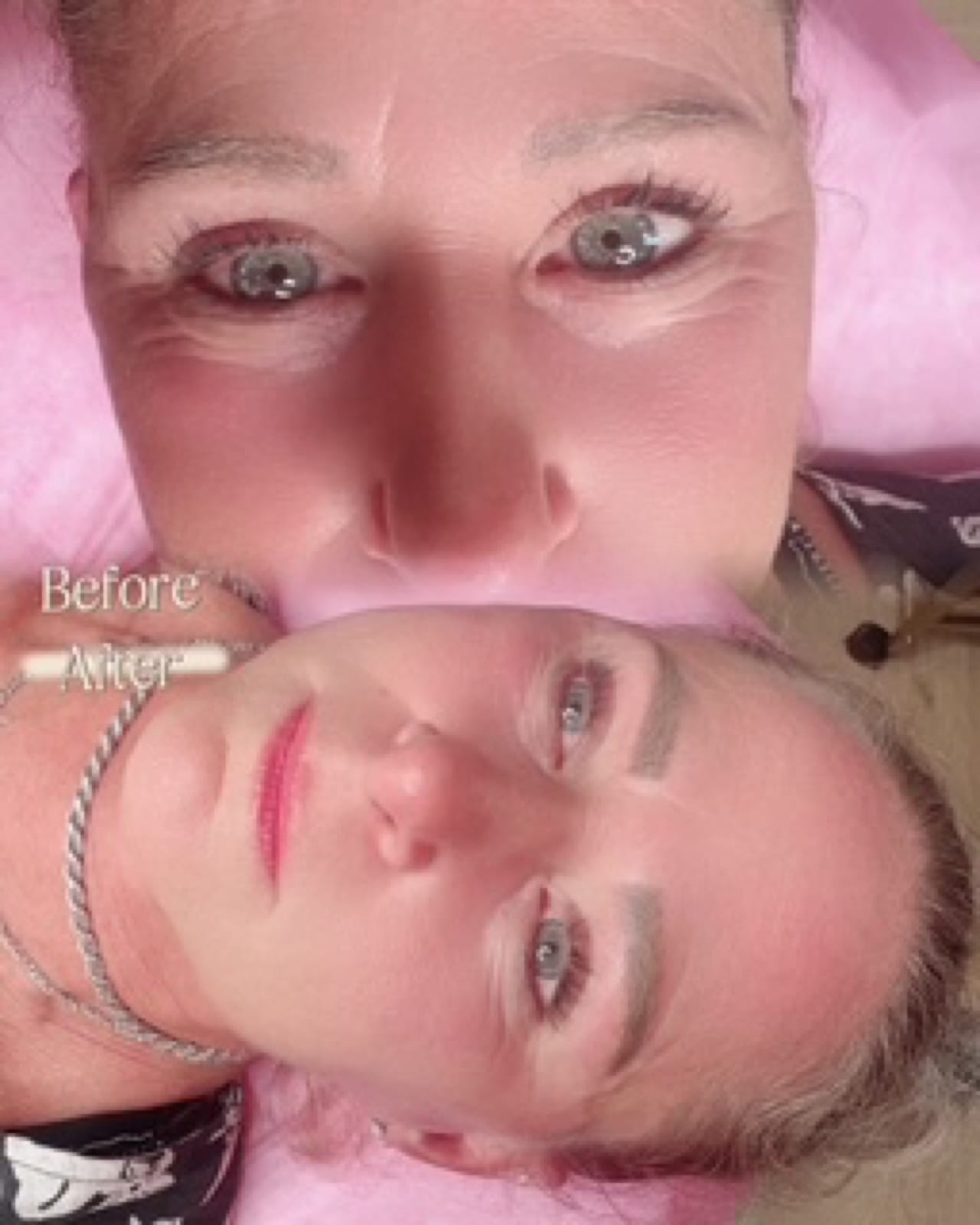 Powder brows before and after by Soza at BonBrow — sparse brows transformed into full, defined ombre brows