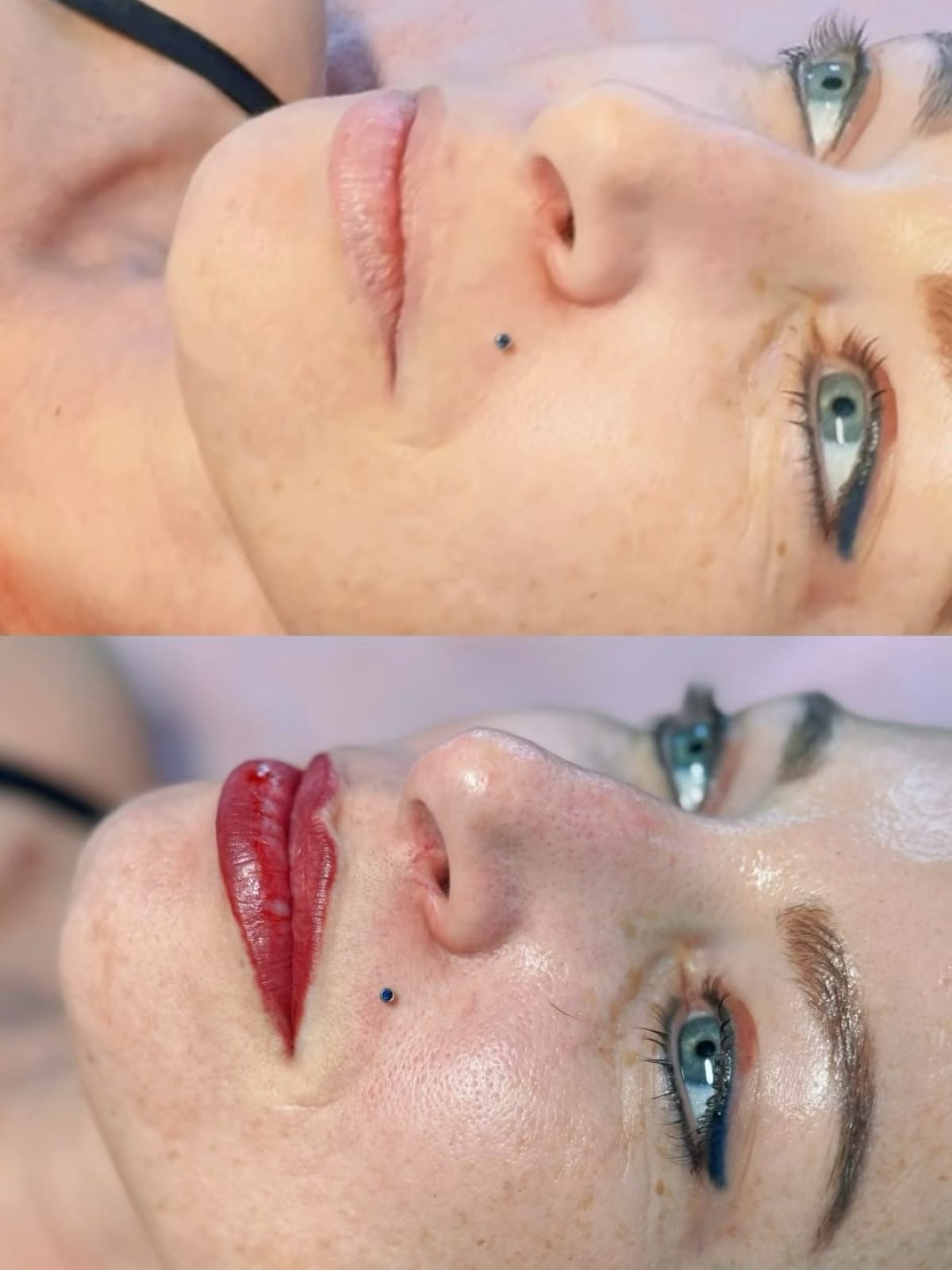 Lip blush before and after at BonBrow Aliso Viejo — pale undefined lips to rich red fully-defined lips immediately after the session